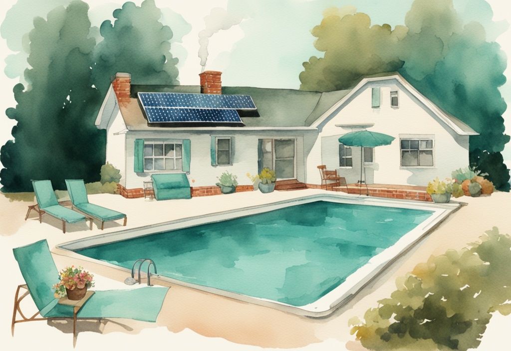 Vintage Aquarellillustration eines Pools mit DIY-Solarheizung und Poolabdeckung, zeigt einen einfachen und effizienten Pool erwärmen Trick in Teal.