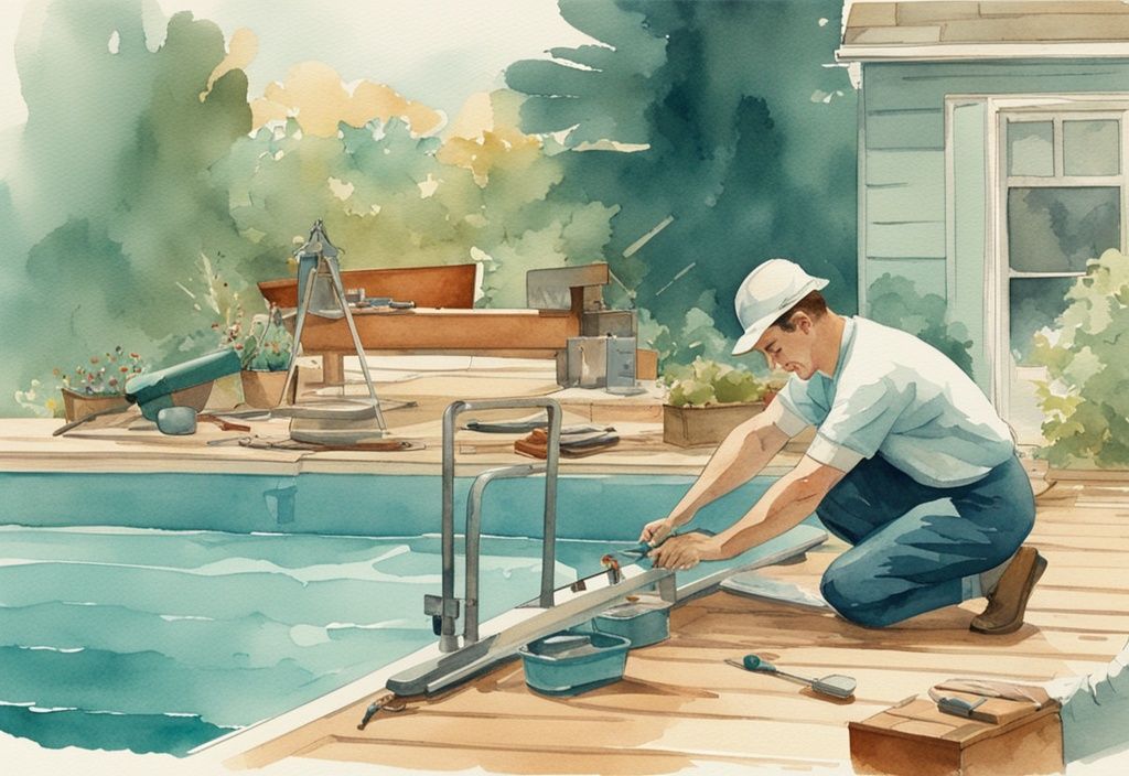 Vintage Aquarell-Illustration eines Pooltechnikers, der den Rand eines Schwimmbeckens repariert, mit verschiedenen Poolreparaturwerkzeugen auf dem Deck, Hauptfarbthema ist Türkis.