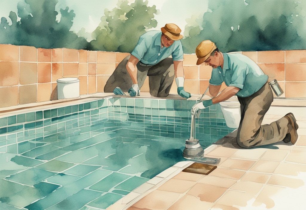 Vintage-Aquarell-Illustration von zwei Pooltechnikern, die einen Außenpool flicken und das Filtersystem reparieren, Hauptfarbe Teal.