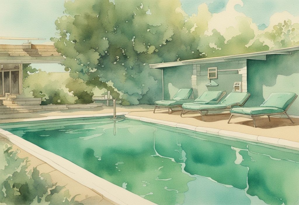 Vintage-Aquarellillustration eines Schwimmbeckens mit klarem Wasser und grünen, schleimigen Schimmel im Pool an den Rändern und auf der Wasseroberfläche.