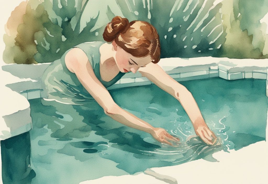 Vintage Aquarellillustration einer Person, die unter Wasser in einem Pool arbeitet, um einen Riss in der Poolfolie zu reparieren, Hauptfarbthema ist Türkis.