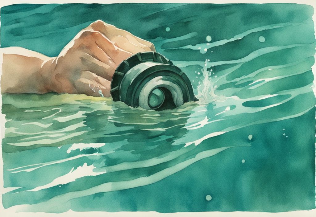 Vintage-Aquarell-Illustration einer Person unter Wasser, die mit einer Taschenlampe nach einem Loch im Pool suchen (loch im Pool finden).