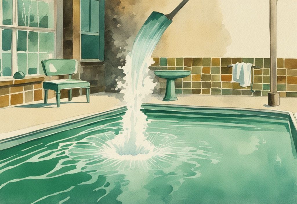 Vintage Aquarell-Illustration eines Pools, der mit Stoßchlorung behandelt wird, weiße Chlorgranulate werden ins grünliche Poolwasser gegossen, Hauptfarbton ist Türkis.