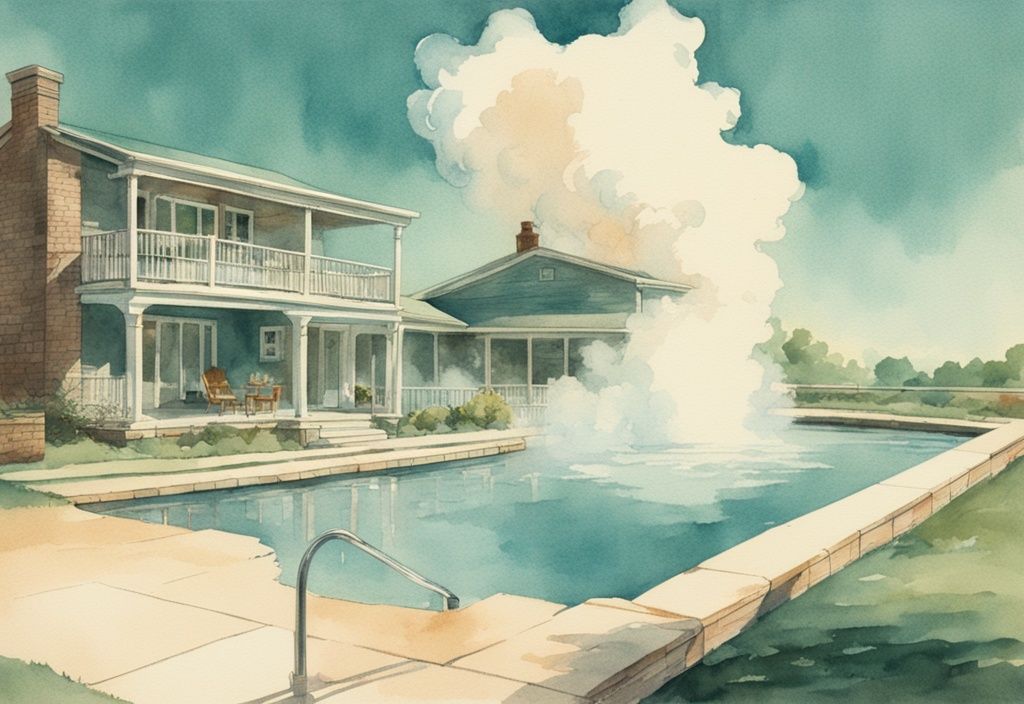 Vintage Aquarellillustration eines Außenpools bei sonnigem Wetter mit realistischem dampfartigem Dampf, der die Wasserverdunstung zeigt, wieviel Wasser verdunstet im Pool.