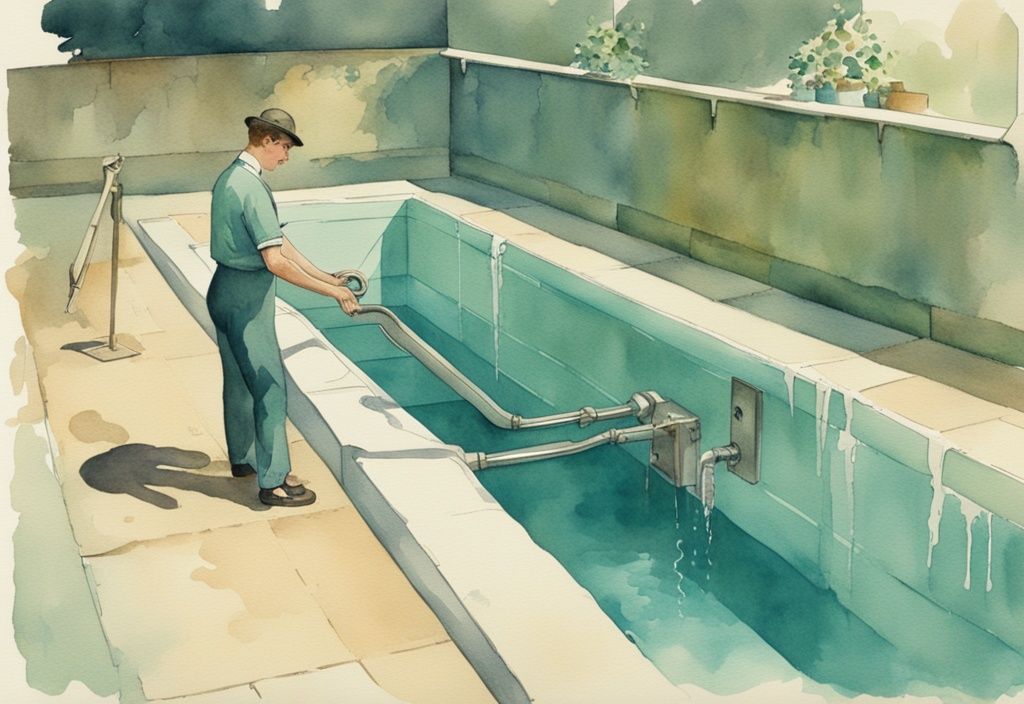 Vintage Aquarell-Illustration einer Person, die den Hebel des Bodenablaufs eines Pools betätigt, um Wasser abzulassen, Hauptfarbton Türkis, Pool entleeren über Bodenablauf.