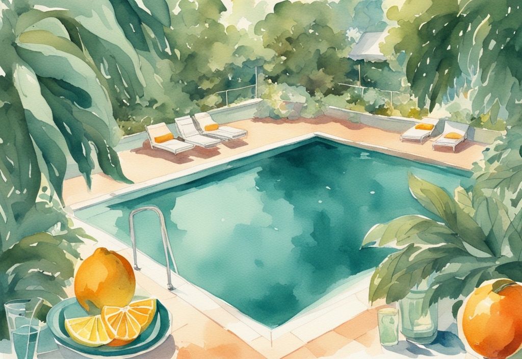 Vintage-Aquarell-Illustration eines luxuriösen Außenpools mit klarem, funkelndem Wasser, umgeben von üppigem Grün und übergroßen Zitrusfrüchten, symbolisierend Vitamin C Pool.