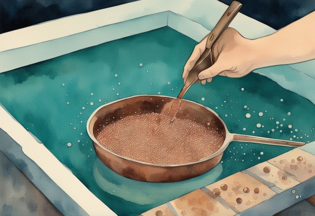 Vintage Aquarell-Illustration, schützende Hand mit Handschuh dosiert Kupfersulfatgranulat in funkelnden Pool mit Dosierlöffel, Hauptfarbe Türkis