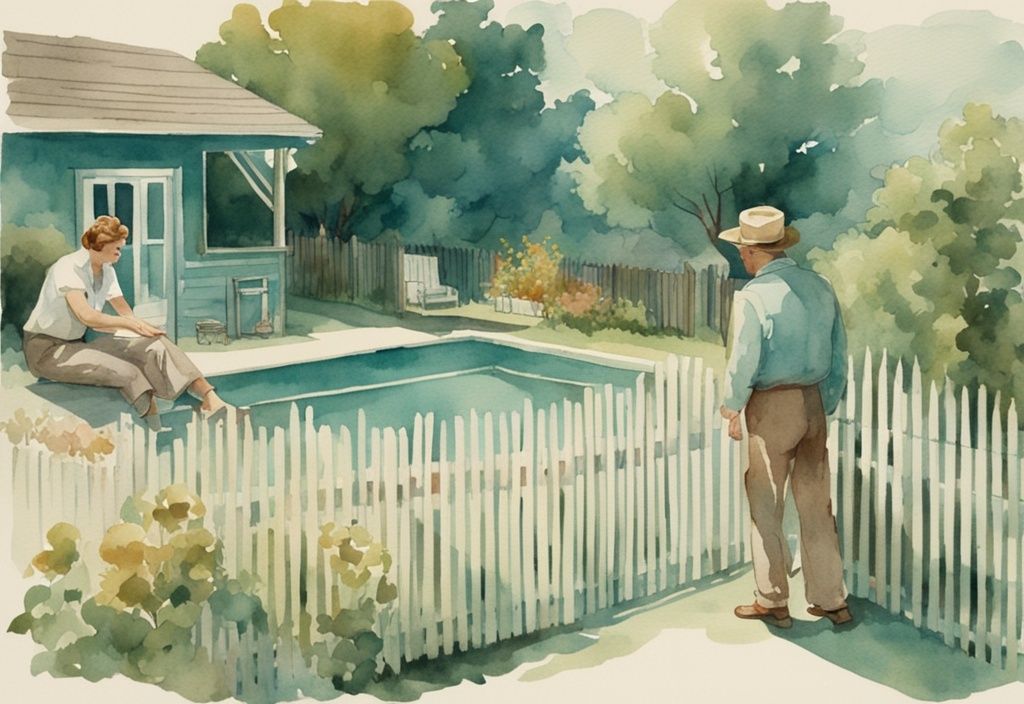 Vintage-Aquarell-Illustration von zwei Nachbarn, die friedlich über ihren gemeinsamen Zaun sprechen, mit einem sichtbaren Swimmingpool im Hintergrund - Nachbarschaftsrechte beim Swimmingpool.