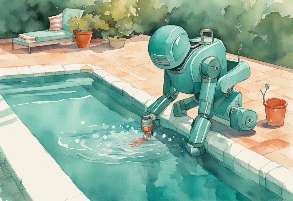 Vintage Aquarellillustration eines Poolroboters, der einen Swimmingpool reinigt, mit Preisschild in Türkis.