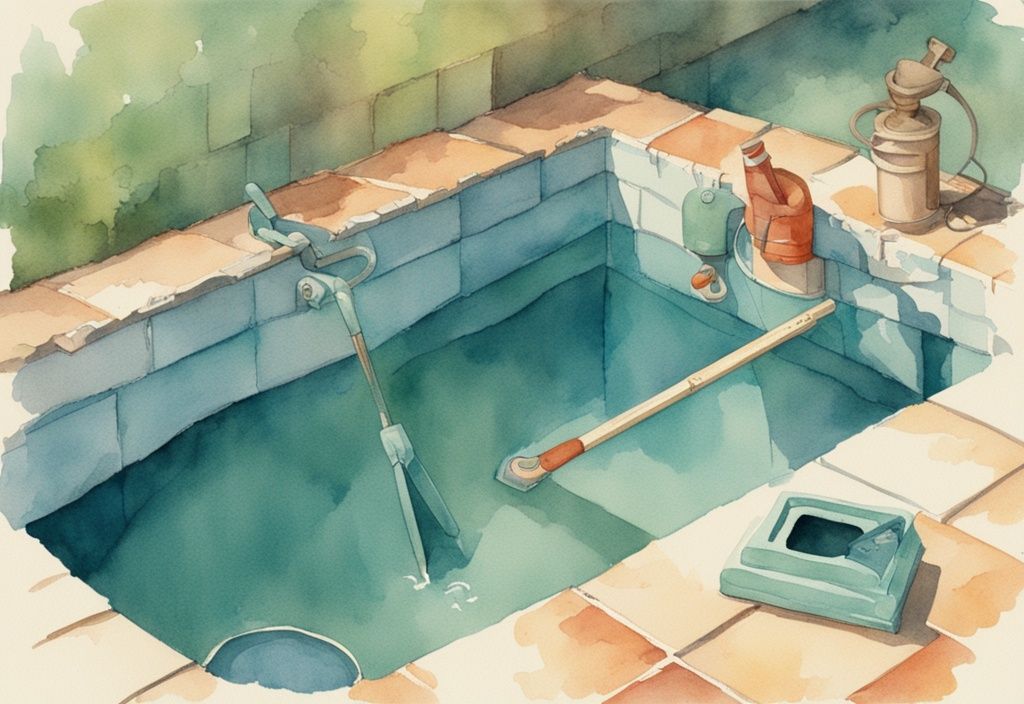 Vintage-Aquarellillustration einer Person, die ein Loch im Boden eines blauen Bestway-Pools entdeckt, mit Poolreparaturwerkzeugen in der Nähe, Hauptfarbthema Teal.