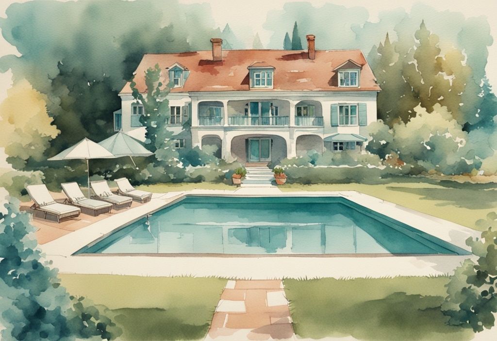 Vintage Aquarellillustration eines bayerischen Hauses mit großem Gartenpool, der einen bemerkenswerten Pool-Abstand zum Nachbarn Bayern zeigt.