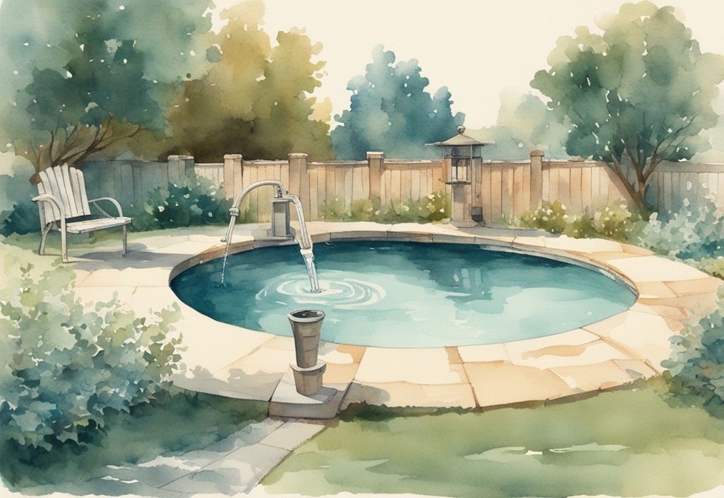 Vintage Aquarellillustration eines ruhigen Gartens mit einem Wasserbrunnen neben einem funkelnden Pool, der zeigt, wie Brunnenwasser den Pool füllt, Hauptfarbthema ist Türkis.