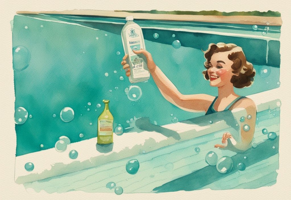 Vintage-Aquarell-Illustration eines sauberen Schwimmbeckens in Türkis mit schwebenden Blasen und einer Person im Hintergrund, die nach dem Pool reinigen mit Spülmittel mit einer Flasche Spülmittel und einem Schwamm den Daumen hoch zeigt.