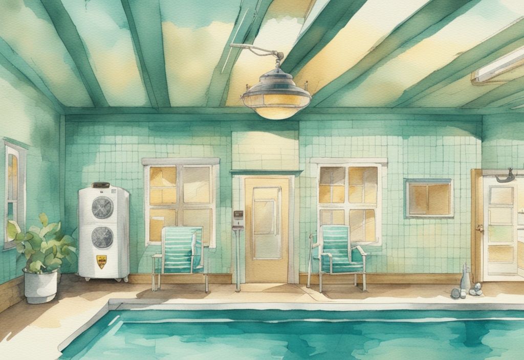 Vintage Aquarell-Illustration eines Full-Inverter-Pool-Wärmepumpens mit Goldmedaille und hervorgehobenem Text "Testsieger" in Teal-Farbtönen