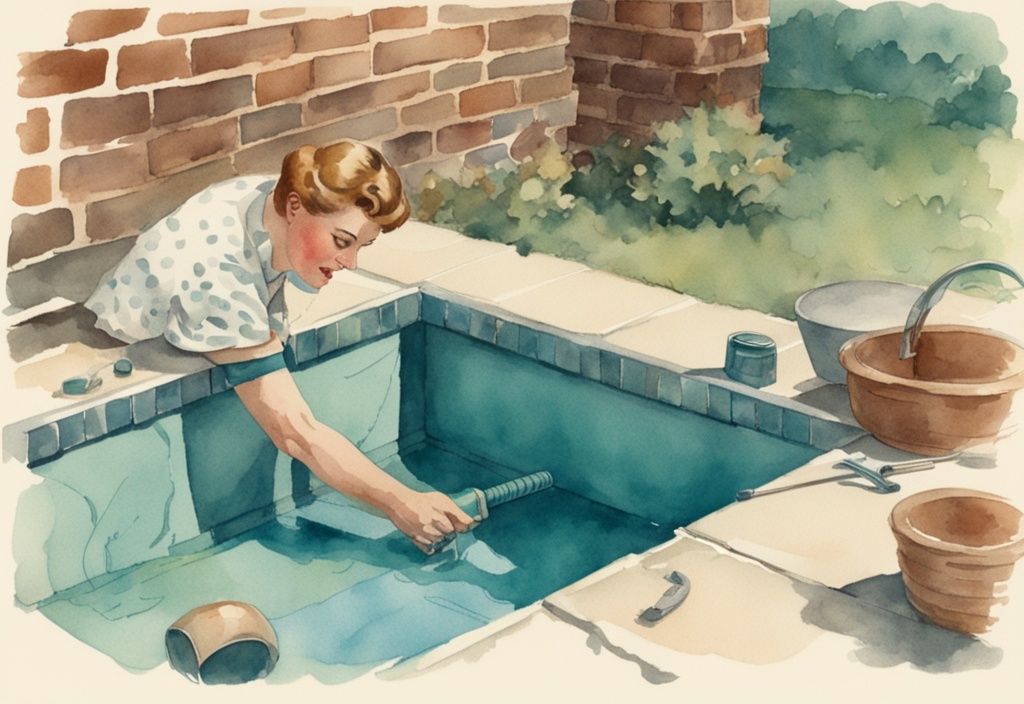 Vintage Aquarell-Illustration eines blauen Bestway-Pools mit Loch am Boden und Reparaturwerkzeugen in der Nähe