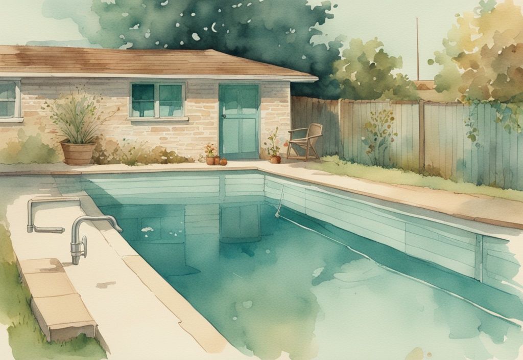 Vintage-Aquarell-Illustration eines Hinterhof-Schwimmbeckens mit Wasserstandsanzeigen, die den Wasserverlust zeigen, Hauptfarbe Teal.