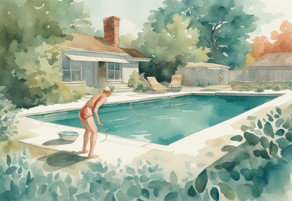 Vintage Aquarellillustration einer Person, die Blätter von einem kristallklaren Pool ohne Pumpe sauber halten.