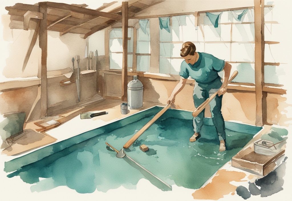 Vintage-Aquarell-Illustration in Türkis: Person beim Poolabdeckung selber bauen mit Werkzeugen und Materialien im Hintergrund.