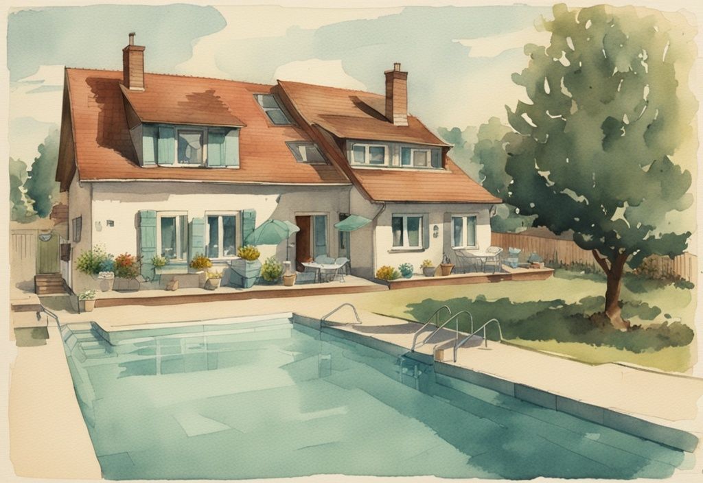 Vintage Aquarell-Illustration eines deutschen Vororts mit Teal-Farbschema, zeigt den erforderlichen Abstand zwischen Swimmingpool und Nachbargrundstück.