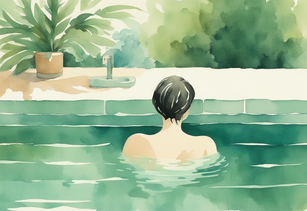 Vintage-Aquarell-Illustration einer Person beim friedlichen Baden in einem Schwimmbecken mit grünem Wasser, Hauptfarbe Türkis