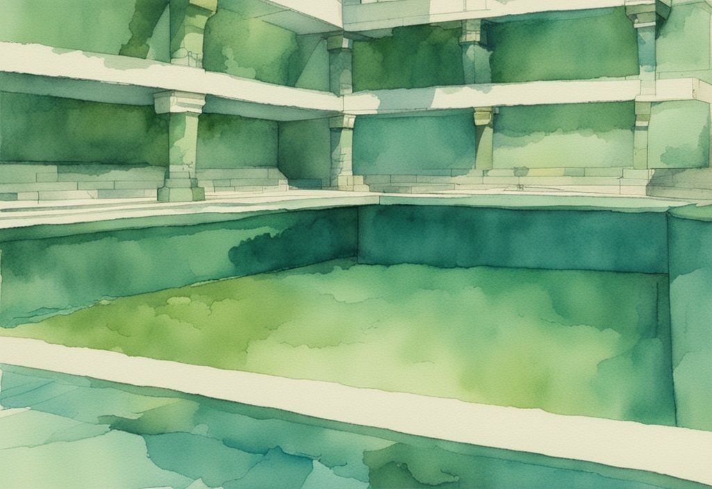 Vintage Aquarell-Illustration eines Pools mit grünen Ablagerungen am Boden in Teal-Tönen.