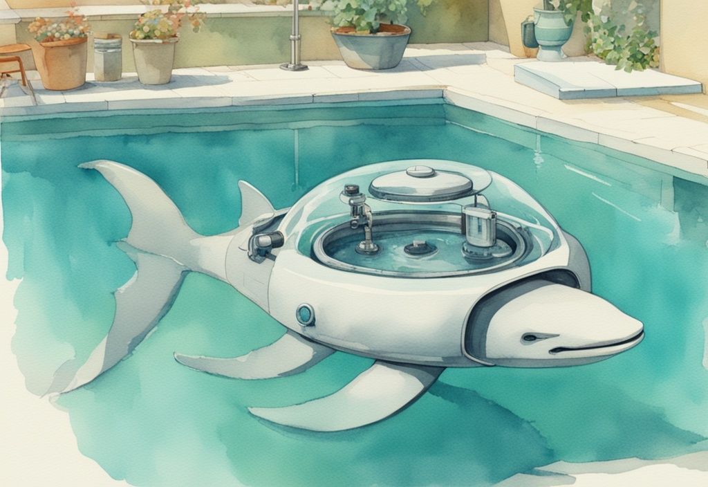 Vintage Aquarell-Illustration in Türkis, Dolphin E25 Poolroboter im klaren Wasser, Nahaufnahme der Funktionen, Außenpool.