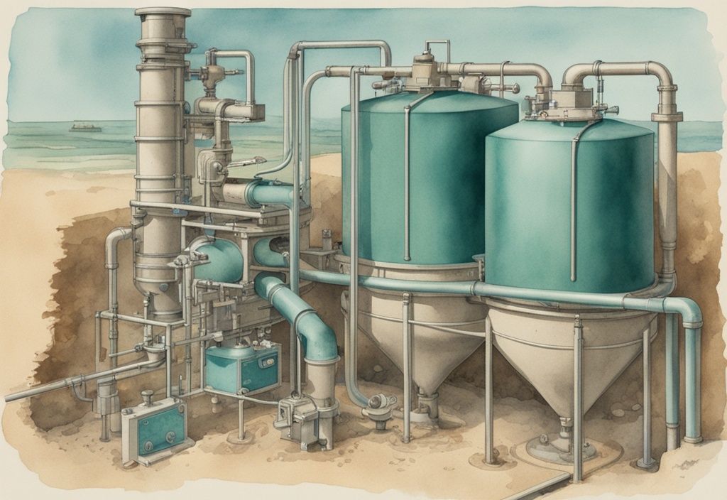 Vintage-Aquarell-Illustration eines Sandfiltersystems mit einem Schnittbild, das die Sandschichten und die detaillierte Platzierung zahlreicher Filterbälle zeigt, wie viele Filterbälle in Sandfilteranlage