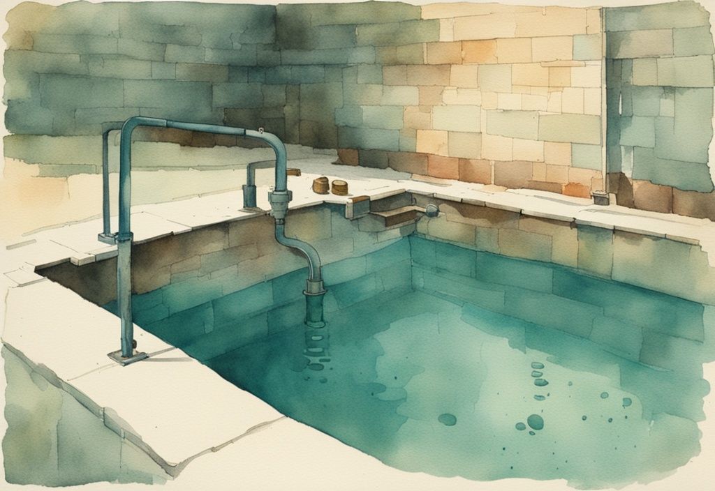 Vintage Aquarell-Illustration eines leeren Pools mit sichtbarem Bodenablauf und abfließendem Wasser, Hauptfarbton Türkis