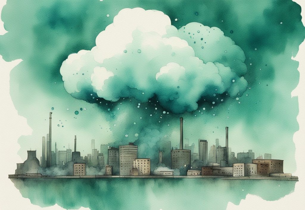 Vintage Aquarell-Illustration einer Stadt mit giftiger Wolke aus aktiven Sauerstoffpartikeln, die die toxischen Auswirkungen der Verschmutzung signalisiert, Hauptfarbthema Teal