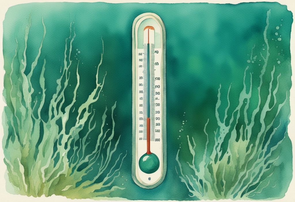 Vintage Aquarellillustration eines Thermometers in einem Pool mit sichtbarem Algenwachstum, das die Temperaturbereiche zeigt, ab welcher Temperatur bilden sich Algen im Pool.