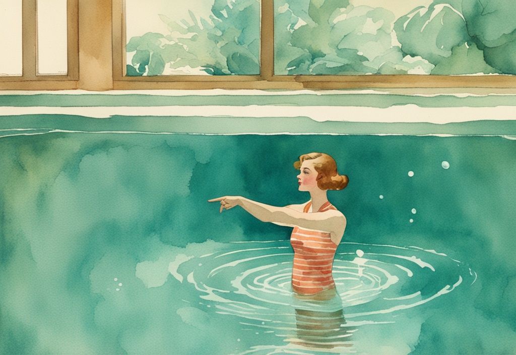 Vintage-Aquarellillustration einer Person unter Wasser in einem kristallklaren Bestway-Pool, die auf ein kleines Loch im Boden zeigt, Bestway-Pool loch im Boden finden.