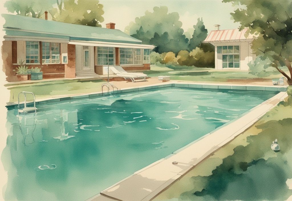 Vintage Aquarellillustration eines Pools mit klaren Wasser, das mit Schockchlorierung behandelt wird, sichtbare Behälter mit Chlorierungschemikalien und Ausrüstung am Poolrand, Hauptfarbthema Teal.