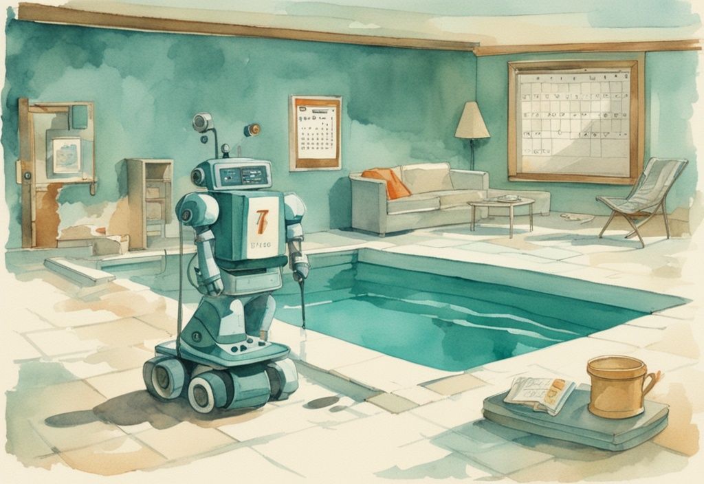 Vintage Aquarellillustration mit Kalender, Poolroboter und Pool, die Nutzungshäufigkeit des Poolroboters darstellend, Hauptfarbe Teal