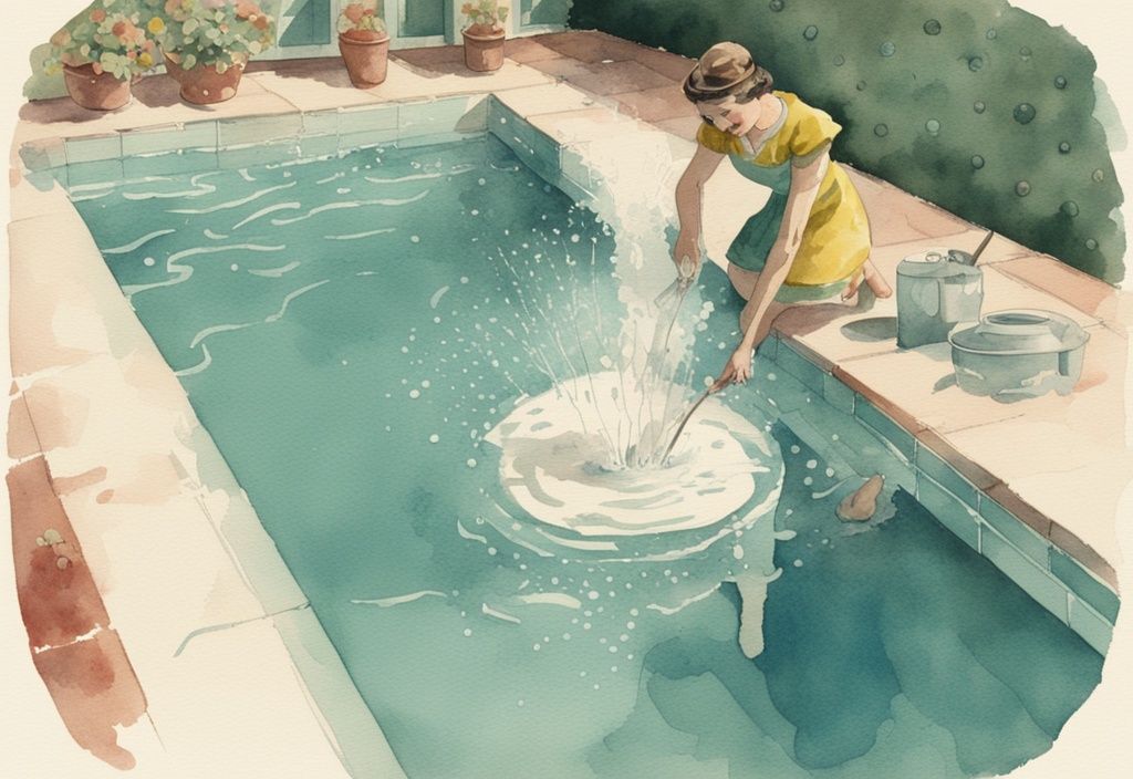 Vintage-Aquarellillustration einer Person am Schwimmbecken, die Mehl ins Wasser streut, um ein loch im Pool mit Mehl finden zu können.