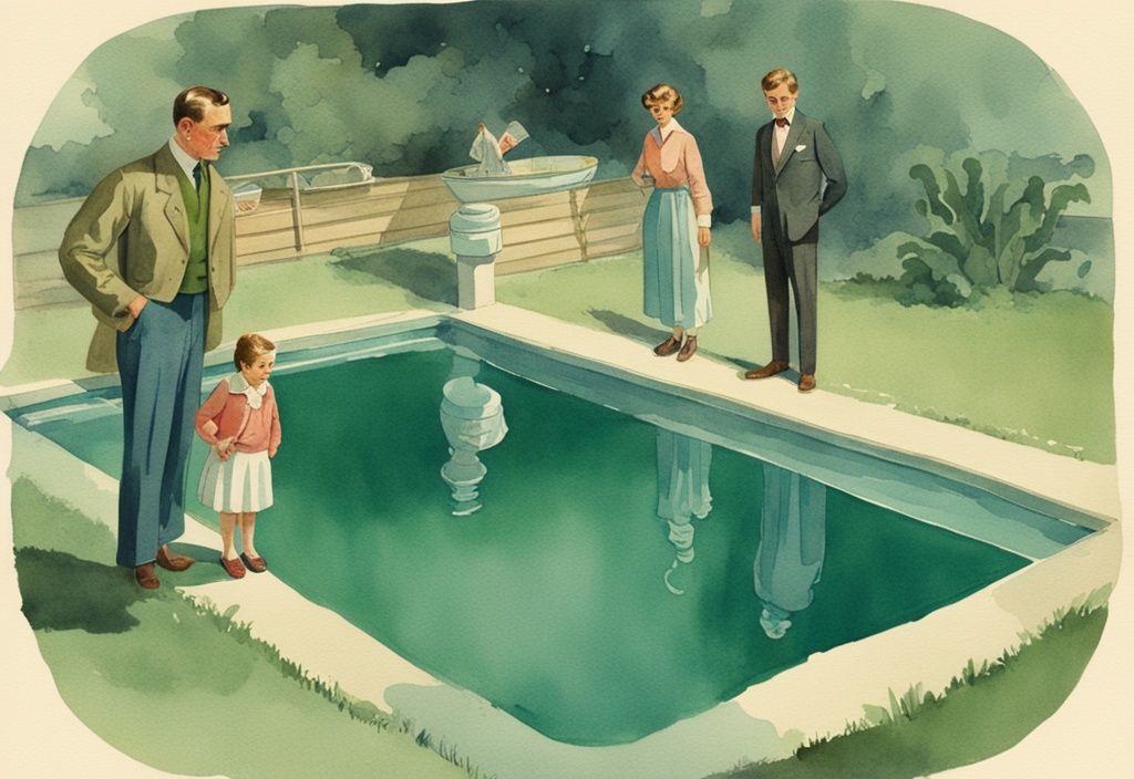 Vintage Aquarellillustration eines Pools mit grünen Algen in den Ecken, besorgte Familie daneben, sind Algen im Pool gefährlich.