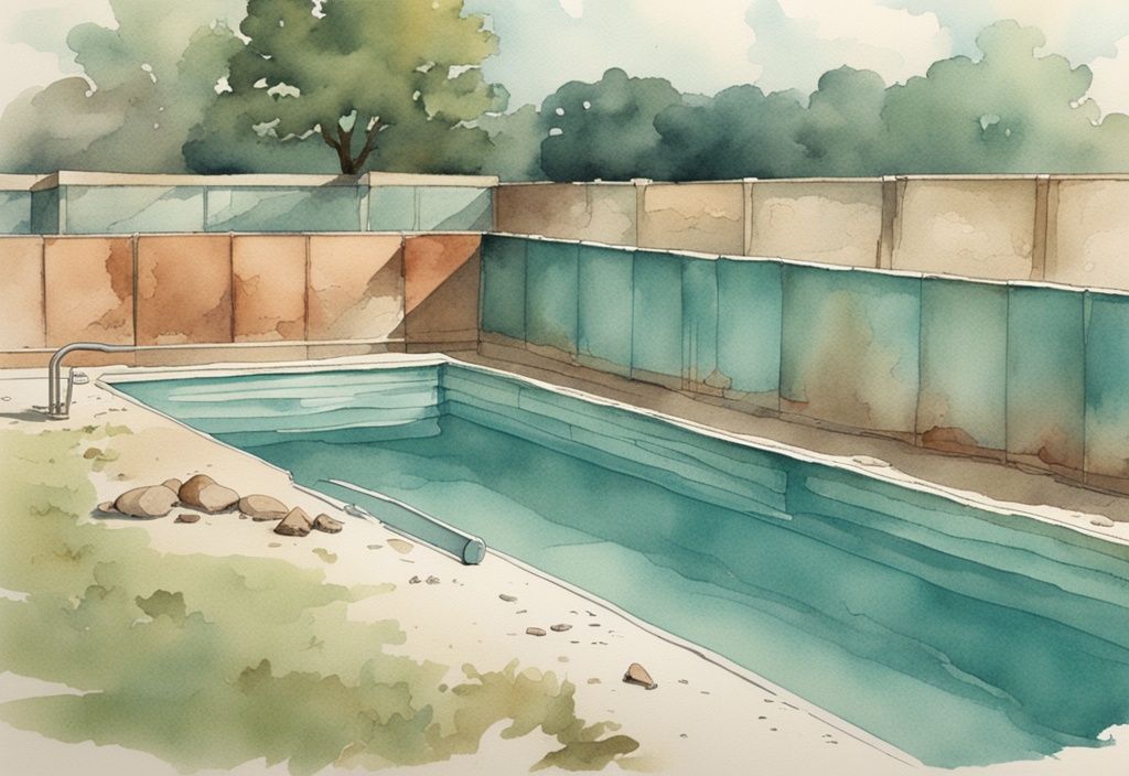 Vintage Aquarell-Illustration eines teilweise eingegrabenen Schwimmbeckens mit robusten Stahlwänden und sichtbarem Erdaushub, Hauptfarbton Türkis