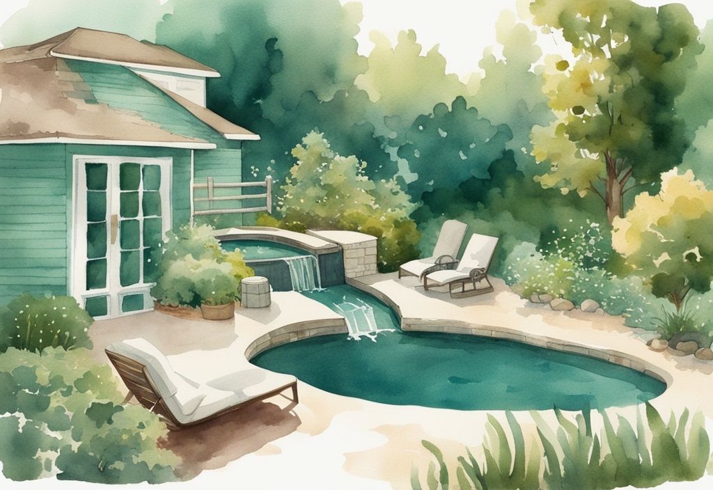 Vintage Aquarell-Illustration eines ruhigen Gartens mit üppiger, grüner Landschaft und einem neu gebauten DIY-Wasserfall-Pool unter der Sonne in Türkis.