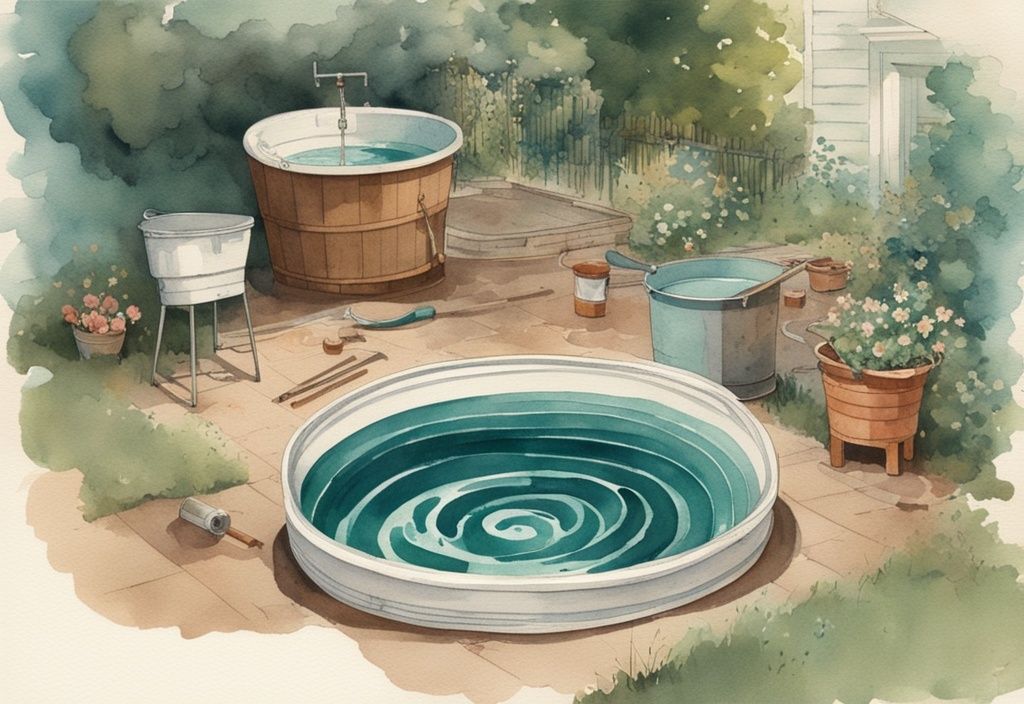 Vintage Aquarellillustration eines selbstgemachten Whirlpools im Garten mit Wasser, das sich in einer großen, runden Wanne dreht, und Anleitungen im Teal-Farbschema.