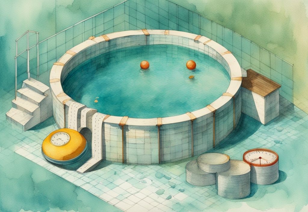 Vintage Aquarell-Illustration eines runden Pools mit Wasser, Maßband entlang des Durchmessers und 3D-Grafik zur Berechnung der Kubikmeter (m3 berechnen bei rundem Pool)