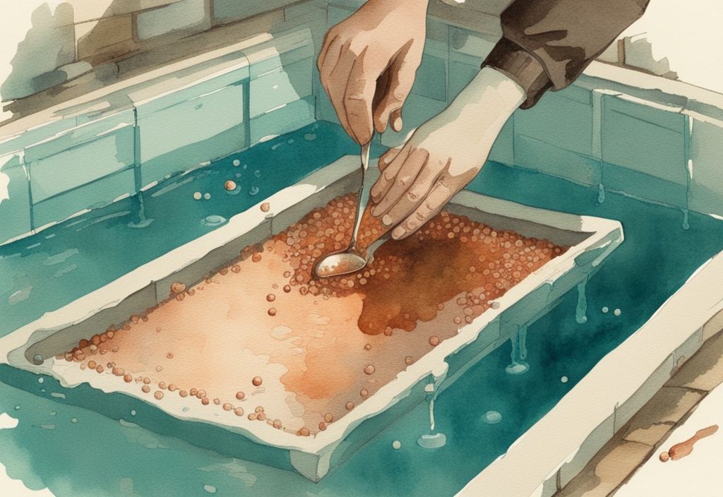 Vintage Aquarell-Illustration: Hand mit Schutzhandschuhen gießt Kupfersulfat-Granulat mit Dosierlöffel in funkelnden Pool, Hauptfarbton Türkis