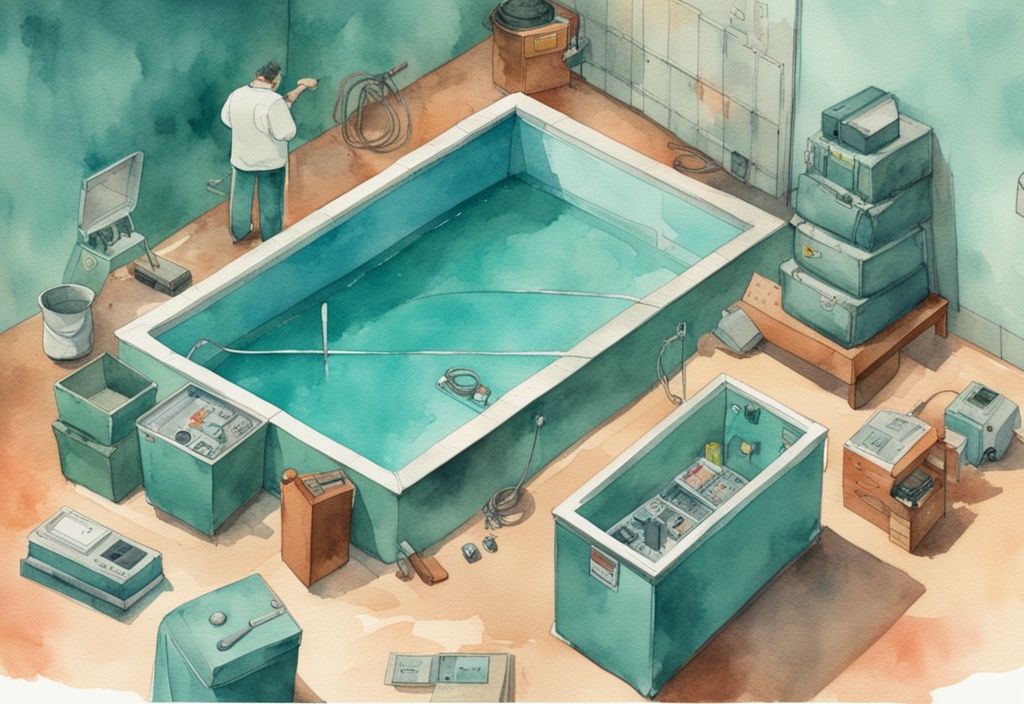 Vintage-Aquarell-Illustration eines selbstgebauten Hightech-Pools mit Teal-Farbthema, umgeben von verschiedenen Technikboxen und Werkzeugen, die auf ein DIY-Projekt hinweisen