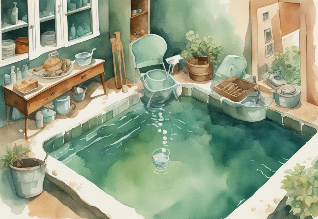 Vintage Aquarell-Illustration in Türkis mit Collage aus trübem grünen Pool, der zu klarem Wasser wird, umgeben von Haushaltsgegenständen wie Backpulver, Essig und Poolsauger.