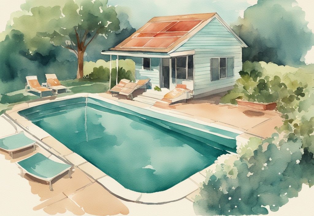 Vintage-Aquarell-Illustration eines Pools mit DIY-Solarheizung und Poolabdeckung, die einen einfachen Pool erwärmen Trick zeigt, Hauptfarbe Teal.