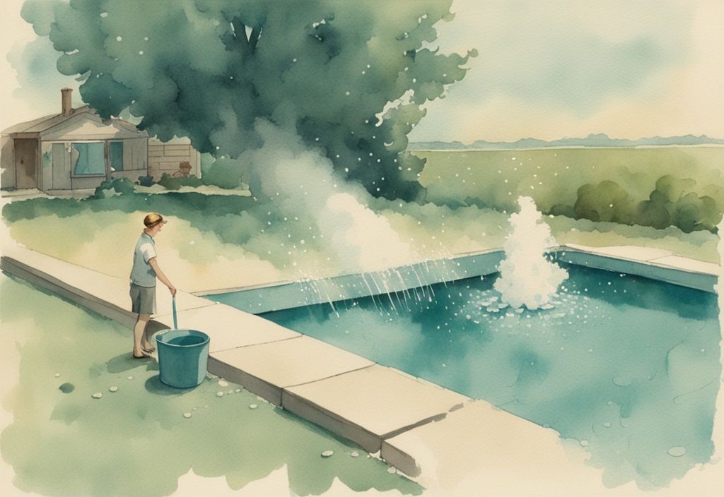 Vintage Aquarell-Illustration in Türkis, Person neben aufblasbarem Pool streut Mehl auf Wasseroberfläche zur Lecksuche.