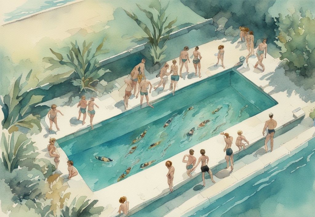 Vintage Aquarell-Illustration eines Pools mit erschöpften Schwimmern am Rand und Regenwürmer im Pool.