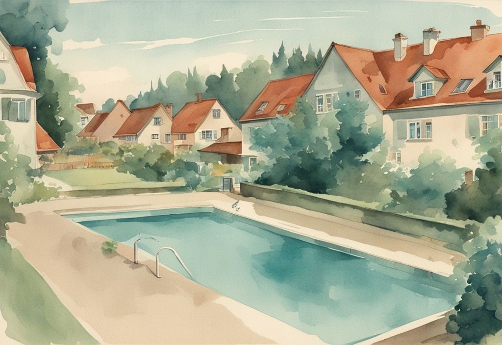 Vintage Aquarell-Illustration einer Wohngegend in Baden-Württemberg mit Häusern und Pools, die den Pool-Abstand zum Nachbarn Baden-Württemberg zeigen.