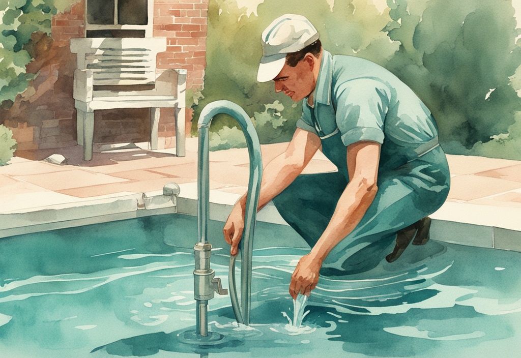 Vintage Aquarell Illustration eines Poolwartungsarbeiters mit Handpumpe in einem Schwimmbecken, Hauptfarbthema Türkis