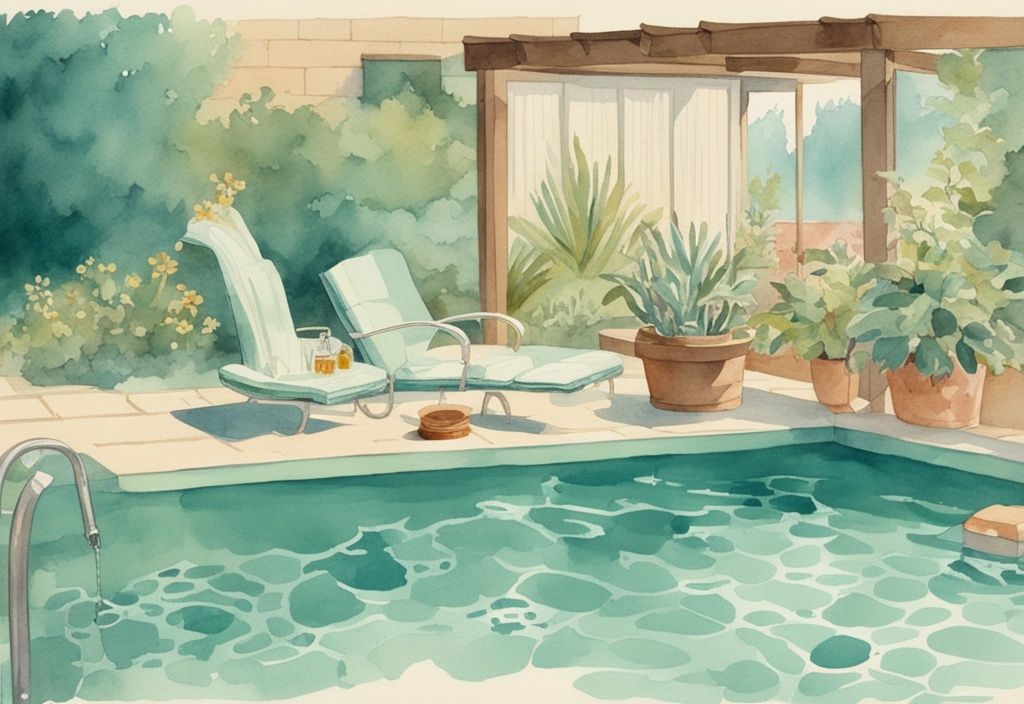 Vintage Aquarell-Illustration mit Hausmitteln zur Senkung von Chlor im Pool, in Teal-Tönen, um ein kristallklares Schwimmbecken mit schwimmenden Chlor-Teststreifen.