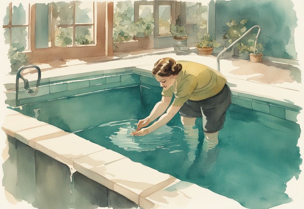 Vintage Aquarell Illustration eines Menschen, der unter Wasser in einem Pool arbeitet und einen Riss im Poolliner mit einem Flicken repariert, Hauptfarbthema: Türkis.