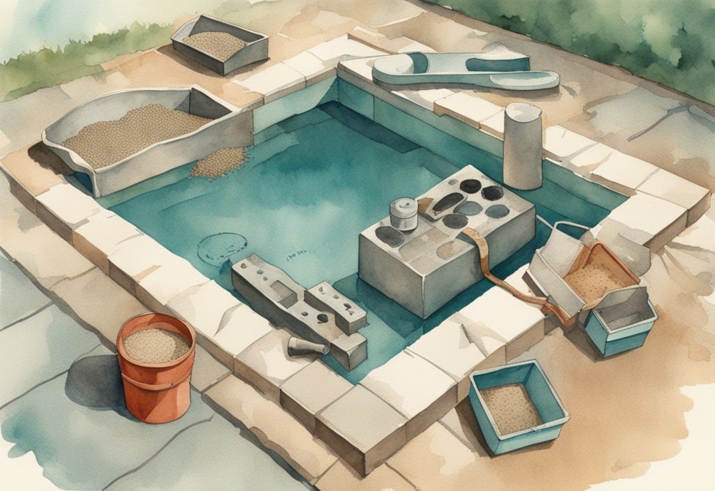 Vintage-Aquarellillustration in Teal-Tönen, die demarkierte Nivellierwerkzeuge, Betonsäcke und verdichteten Kies zeigt, um den Pool-Untergrund selber bauen zu können.